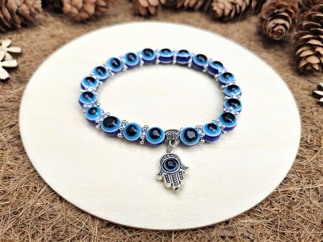 Evil Eye Hand Bracelet 8mm Resin Bead Blue Stretch Luck Etsy