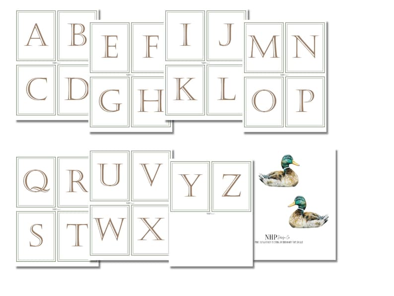 Pu&ograve; includere: Un set di flashcard dell'alfabeto con lettere marroni su sfondo bianco con bordo verde. Le lettere sono in un font tradizionale. Ci sono due immagini di un'anatra selvatica su sfondo bianco con il testo "NHP Designs" e "L'arte di creare ricordi che durano tutta la vita".