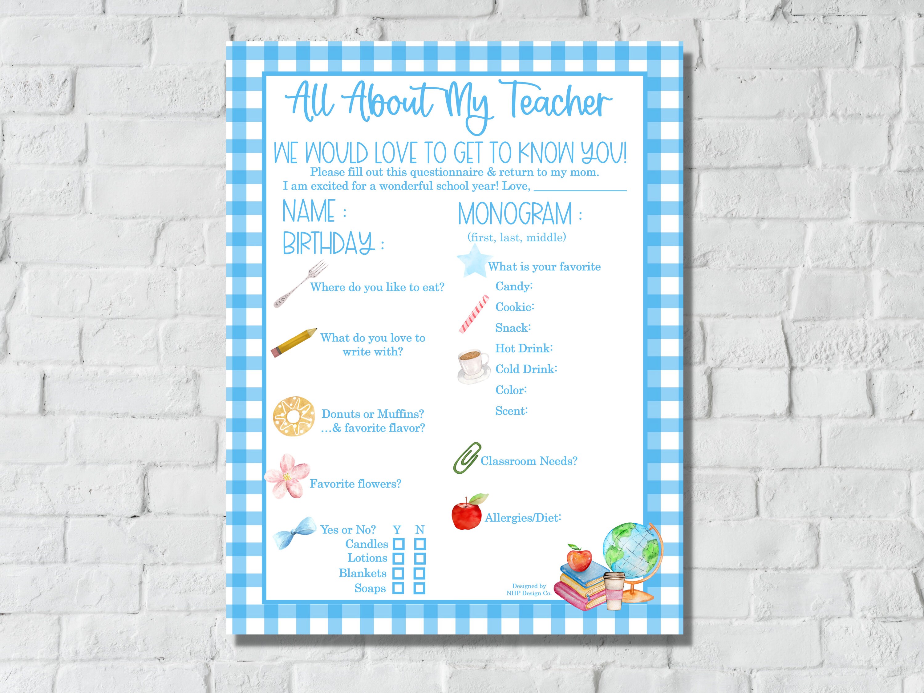 Printable Teacher Questionnaire All About My Teacher Blue Get to Know ...
