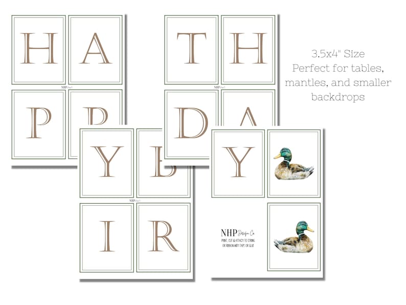 Pu&ograve; includere: Banner stampabile Buon Compleanno con lettere marroni e un design a forma di anatra. Il banner misura 8,9 cm per 10,2 cm ed &egrave; perfetto per tavoli, caminetti e sfondi pi&ugrave; piccoli.