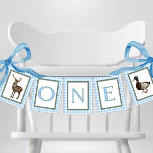 Blue Gingham Printable ONE High Chair Banner | First Birthday High Chair Banner | Hunting Wild One Birthday | Deer Duck Birthday 104