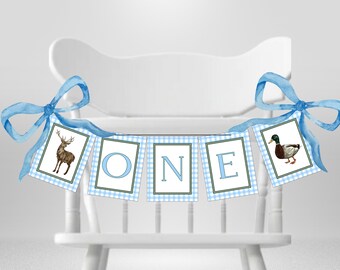 Striscione per seggiolone Hunting Wild One / Tessuto a quadretti blu per il primo compleanno (download digitale)