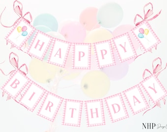 Striscione di buon compleanno a quadretti rosa, decorazione classica per feste (download digitale)
