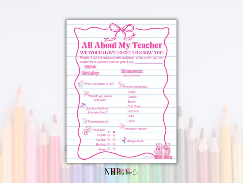 Teacher Favorite Things Survey, Pink Get to Know Teacher Questionnaire ...