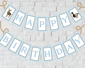 Blue Gingham Printable Happy Birthday Banner | Hunting Wild One Birthday | Boy Birthday Printable Download | Deer Duck Birthday 104