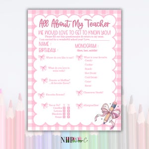 All About Teacher Survey Printable Favorite Things Pink Pencil Coquette Back To School Get To Know Teacher Digital File Download