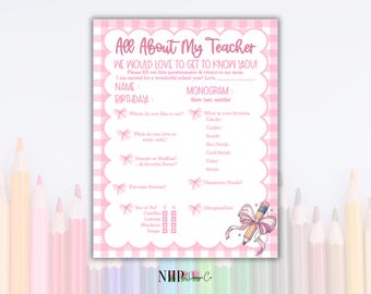 Teacher Survey Printable | Favorite Things Questionnaire (Digital Download)