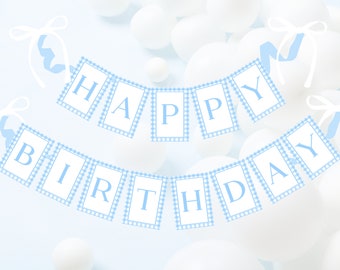 Striscione di buon compleanno a quadretti blu, decorazione classica per feste (file digitale)