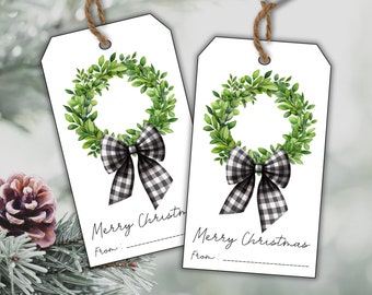 Printable Christmas Wreath Gift Tag | Black White Wreath Christmas Favor Tag | Black White Gingham Christmas Instant Download