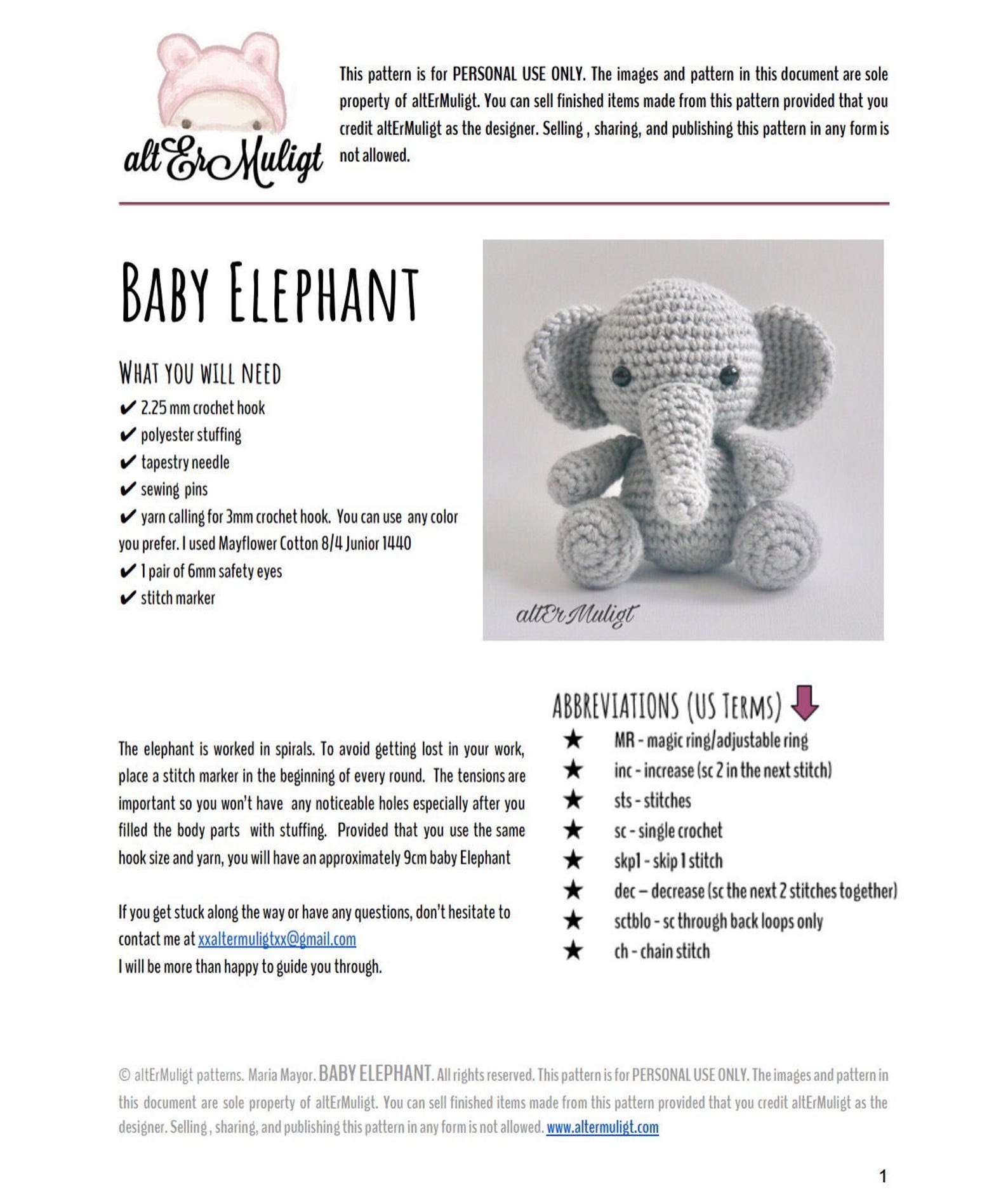 Baby Elephant PDF Pattern by Altermuligt | Etsy UK