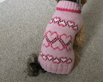 Knitting Pattern with Hearts dog, cat sweater, bottom-up, dog sweater, pet clothes, little dog, DIY project, knit, knitted, yorkie, pets.