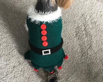 Knitting Pattern - Christmas Elf dog, cat sweater, Top-Down, pet clothes, dog sweater, little dog, DIY project, knit, knitted, yorkie, pets.