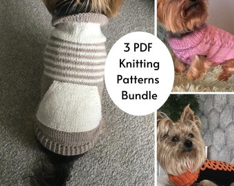 3-Pattern Bundle Dog Sweater Knitting Patterns, DK Yarn PDF Set for Small Dogs, Easy and Cable Knit Pet Jumpers