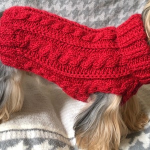 Knitting Close-up of a deep red, hand-knitted dog sweater featuring an intricate cable and ribbed stitch pattern. The sweater fits snugly on a small dog, with a thick ribbed turtleneck collar and tailored leg openings, highlighting the detailed texture and craftsmanship of the knitwork.