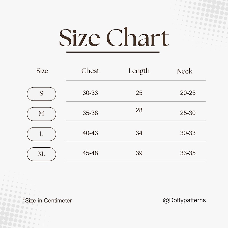 May include: Size chart for clothing in centimeters. The chart shows sizes S, M, L, and XL with corresponding chest, length, and neck measurements.