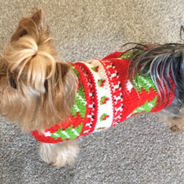 Knitting Pattern - Festive Paws: Christmas Dog Sweater, cat sweater, bottom-up, pet clothes, little dog, DIY knit, knitted, yorkie, pets.