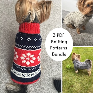 Könnte beinhalten: Drei PDF-Strickanleitungen für Hunde-Pullover. Die Anleitungen beinhalten einen roten und blauen Schneeflockenpullover, einen grauen Pullover und einen beigen Pullover.