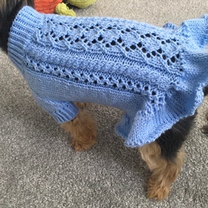 Può includere: Un maglione per cani in maglia blu chiaro con un motivo a treccia e un orlo arricciato.