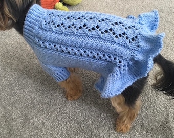 Dog Sweater Dress Knitting Pattern, Blue Lace Knit for Small Medium Large Dogs, Top Down Pet Jumper PDF, Dog Clothes Pattern