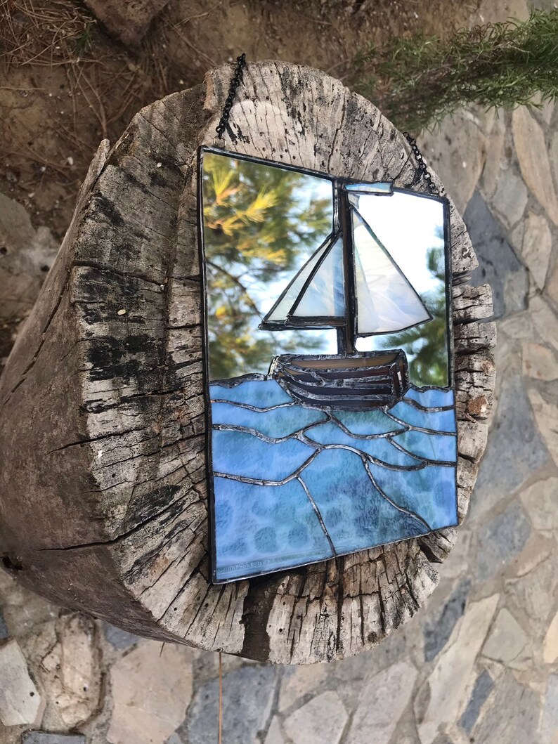 Stained glass mirror stained glass boat stained glass picture 3D art home decor sailing ship vacation sea wall decoration sailor gift summer