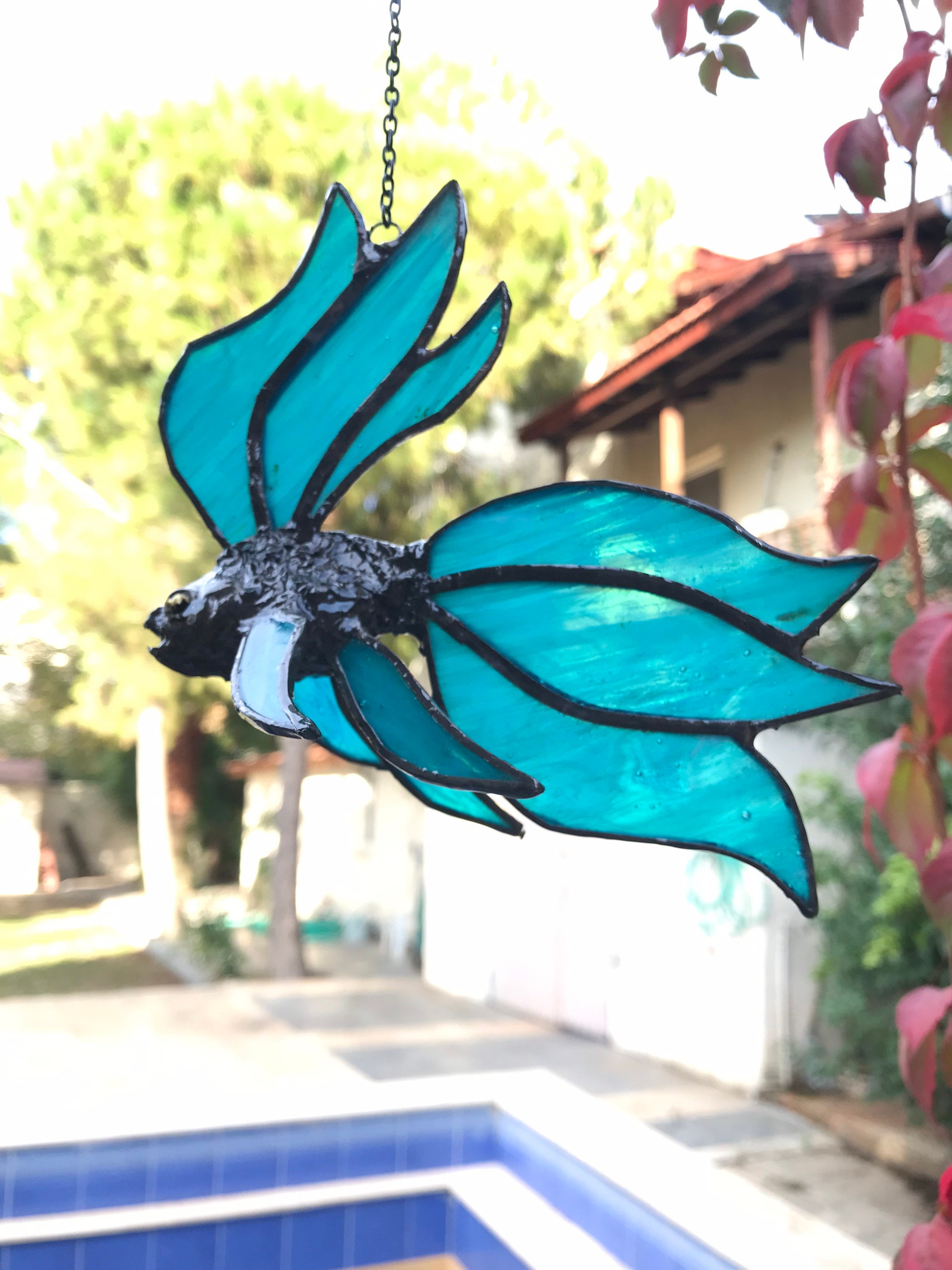 Glass Fish Ornament, Fish Window Decor, Blue Fish Wall Hanger, Iridescent Glass Fish Decor