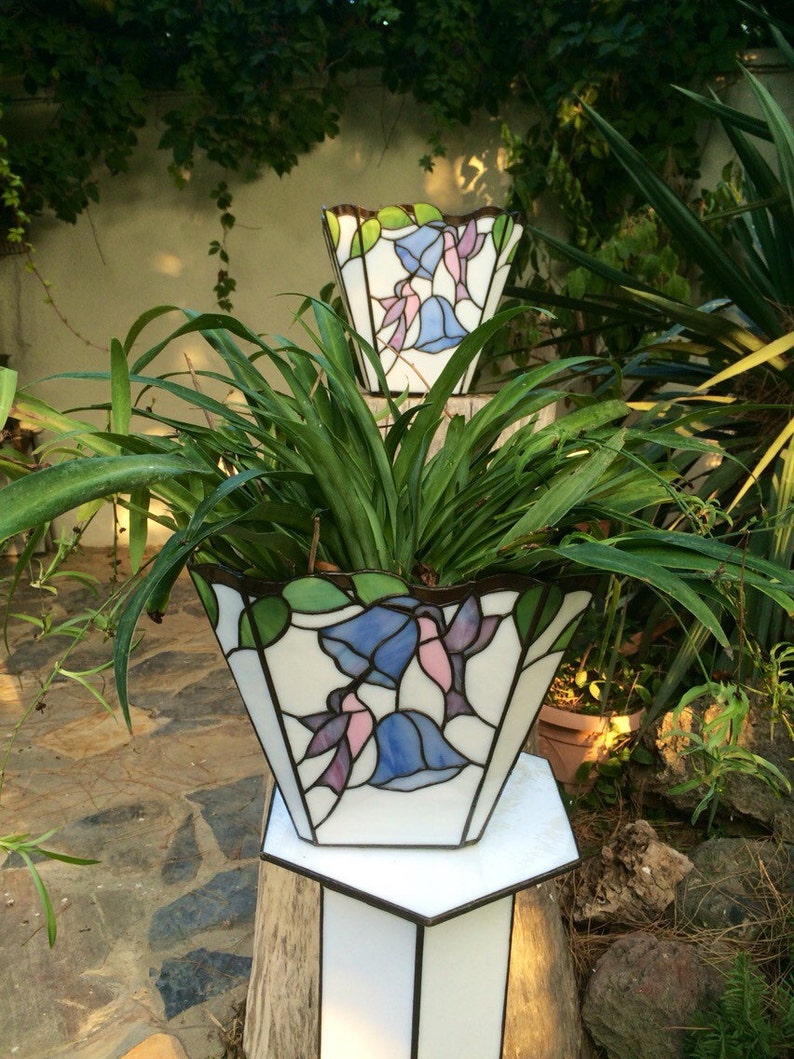 Decorative Plant Pot, Garden Decor, Stained Glass Decor, Glass Flower