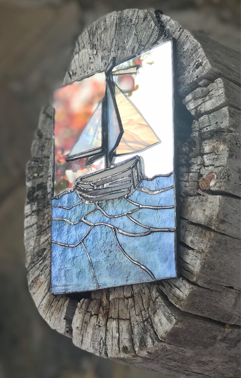 Stained glass mirror stained glass boat stained glass picture 3D art home decor sailing ship vacation sea wall decoration sailor gift summer