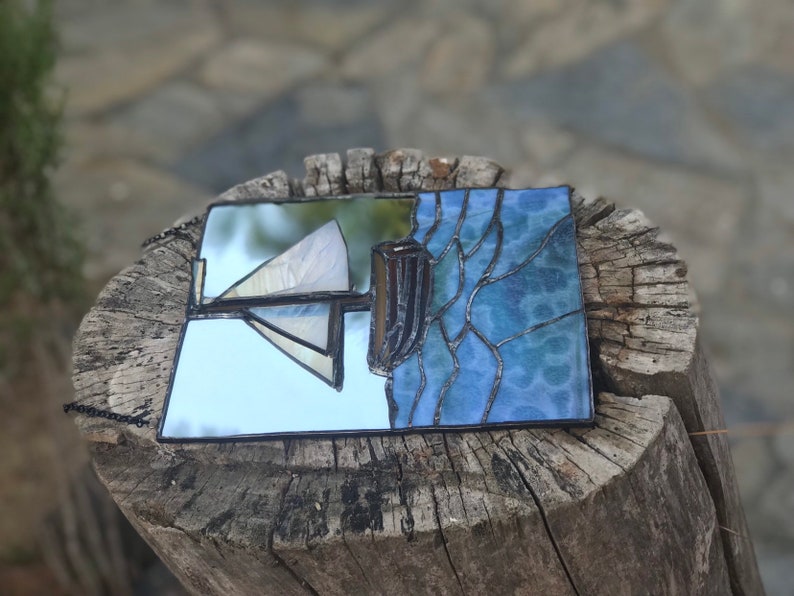 Stained glass mirror stained glass boat stained glass picture 3D art home decor sailing ship vacation sea wall decoration sailor gift summer