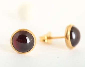 Garnet Earrings, Gold studs, Cabushon Cut Garnet, Garnet stud earrings, stone earrings, small post earrings, 8mm Garnet