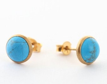 Turquoise Stud Earrings – Beautiful Turquoise Studs in 24K Gold Setting, 8mm Turquoise