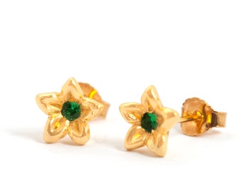 Emerald and Gold Earrings Flower Earrings Studs 14K Gold for Women, May Birthstone Earrings