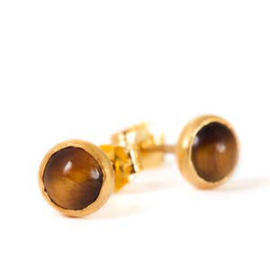 Tiger Eye Earrings – Gold Plated Sterling Silver Stud Earrings with Tiger Eye Cabochon