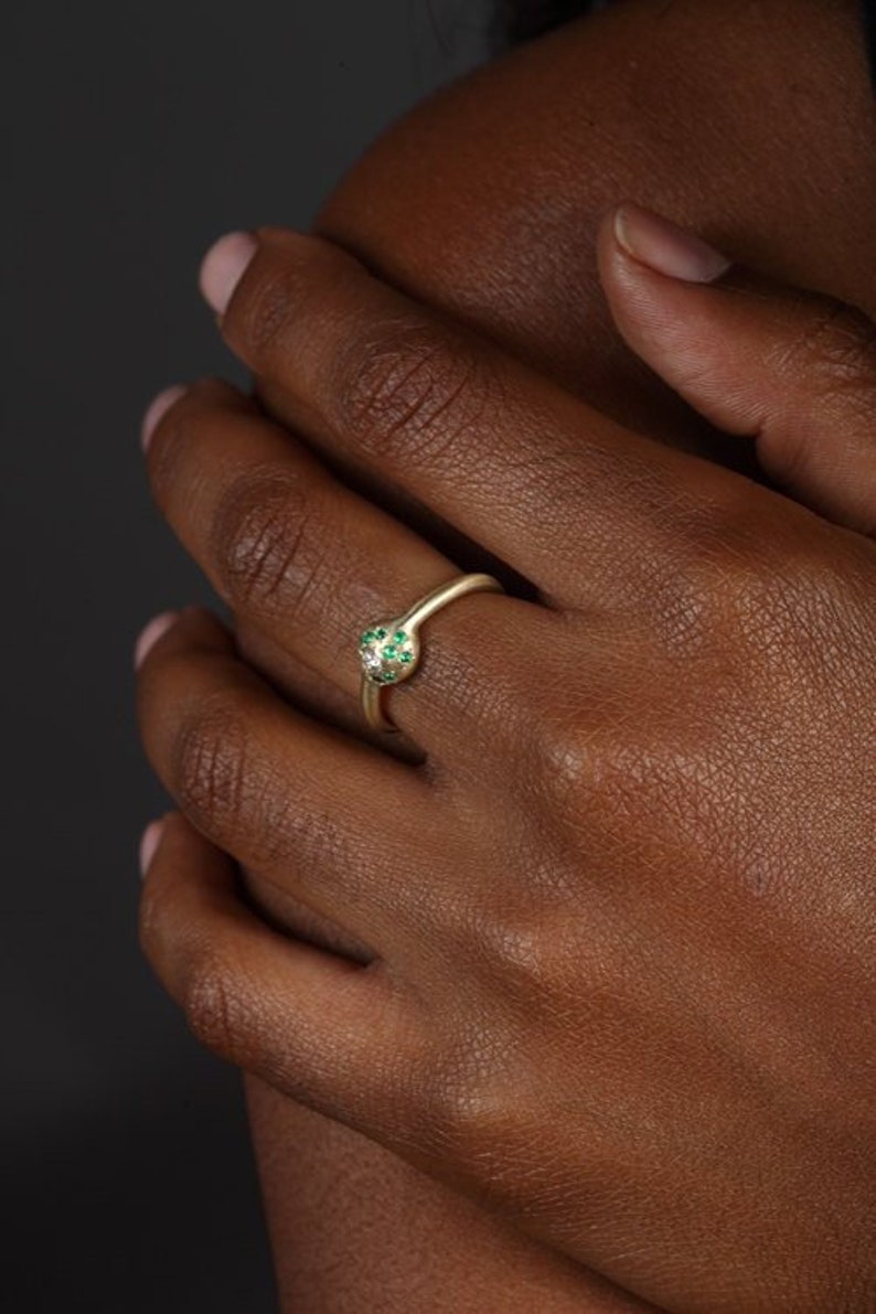 Emerald Engagement Ring with 9 Emeralds and 1 White Diamond in 14K Yellow Gold image 1