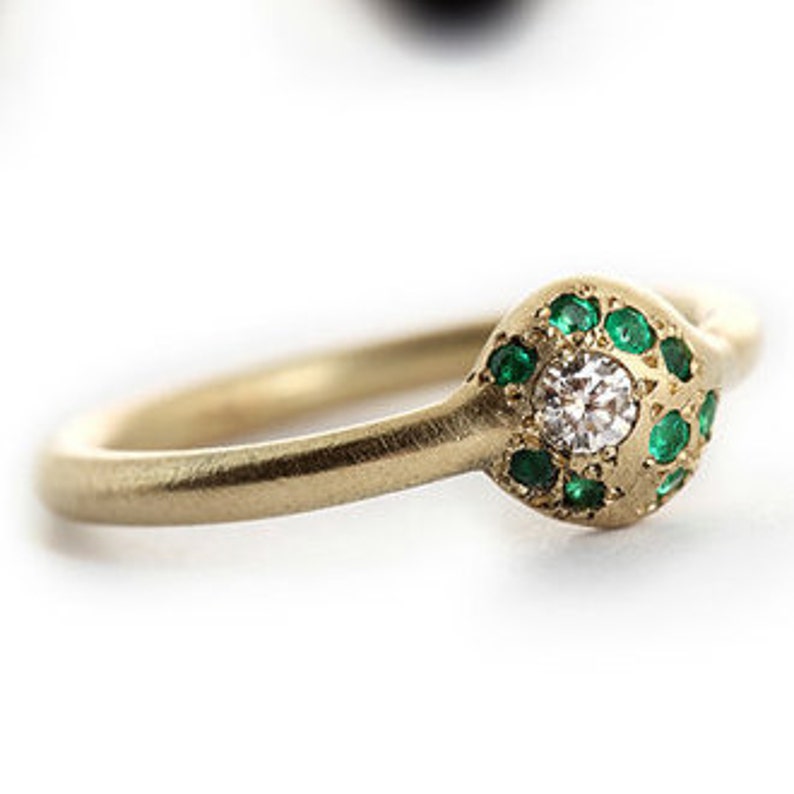 Emerald Engagement Ring with 9 Emeralds and 1 White Diamond in 14K Yellow Gold image 2