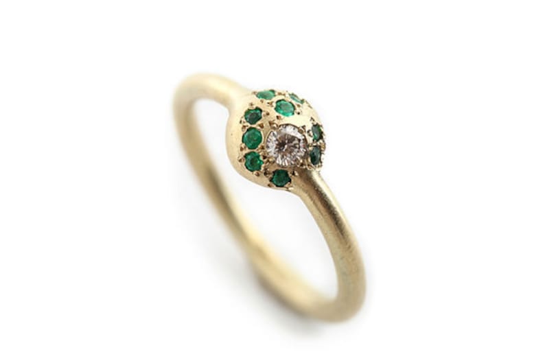 Emerald Engagement Ring with 9 Emeralds and 1 White Diamond in 14K Yellow Gold image 3
