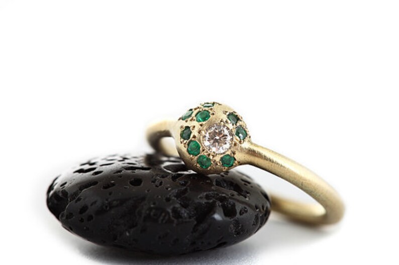 Emerald Engagement Ring with 9 Emeralds and 1 White Diamond in 14K Yellow Gold image 4