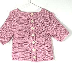 Handmade Crochet Cairbre Cardigan, Sweater, Lion Brand Vanna&#39;s Choice in Pink Rose Child 6 / 7