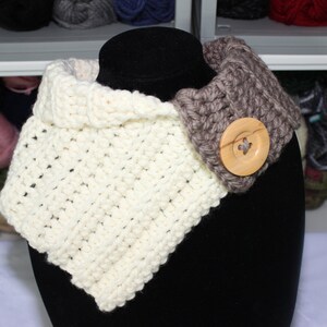 Handmade Crochet Aspen Cowl, Bernat in Natural & Taupe Wooden Buttons Med Child