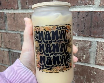 Mama Mama Mama Glass Cup l Mama Glass Cup l Mama Hippy Glass Cup l Mom Tumbler l Mom Cup l Mama Smiley Face Cup