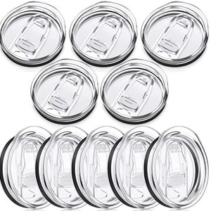May include: Set of ten clear plastic lids with a black rubber seal around the edge. The lids have a small handle on top.