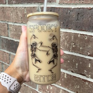 Skeleton Dancing Glass Cup l Skeleton Spooky Bitch Glass cup l Halloween cup l Spooky Season Cup l Fall witch cup l Halloween Glass Cup