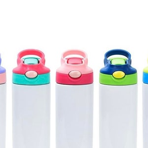May include: Five stainless steel water bottles with different colored lids. The lids have a push button to open and close. The bottles are all white.