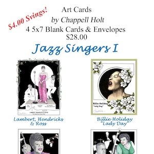 Jazz Singers I, 4 Card Pack, 5&quot; x  7&quot; Blank Cards with Envelopes