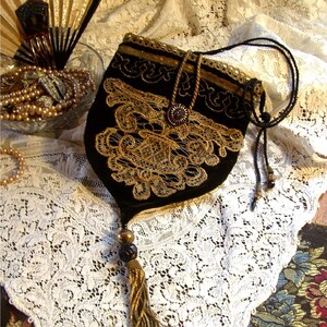 Ruby&#39;s Reclaimed Original Deep Green Velvet Zippered Bag with Brass Victorian Appliques & Trims