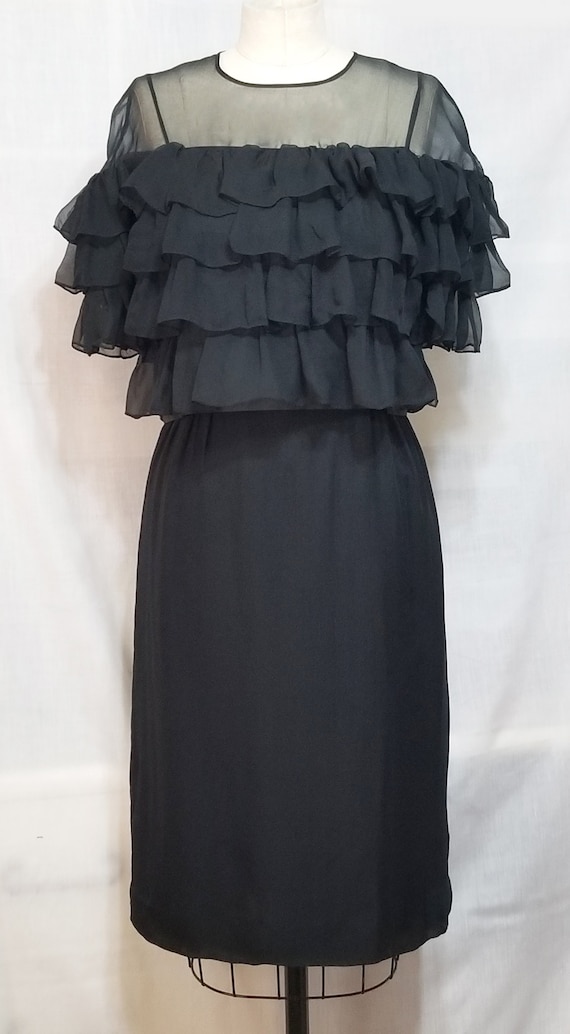 Elissa 1950's - 60's Black Chiffon Dress & Ruffle… - image 1