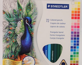 May include: A box of 72 Staedtler colored pencils. The box features a colorful peacock illustration. The text on the box includes "Colored pencils", "Triangular barrel", and "Gold and Silver included". The pencils are in a triangular barrel shape.