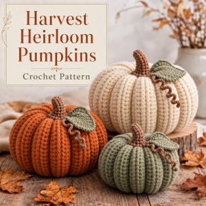 Peut inclure: Trois citrouilles au crochet en orange, crème et vert sauge, chacune dotée d'une tige brune, d'une feuille verte et d'une vrille. Le texte "Harvest Heirloom Pumpkins Crochet Pattern" est affiché dans le coin supérieur gauche de l'image.