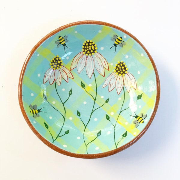 5" round dish -White Coneflowers