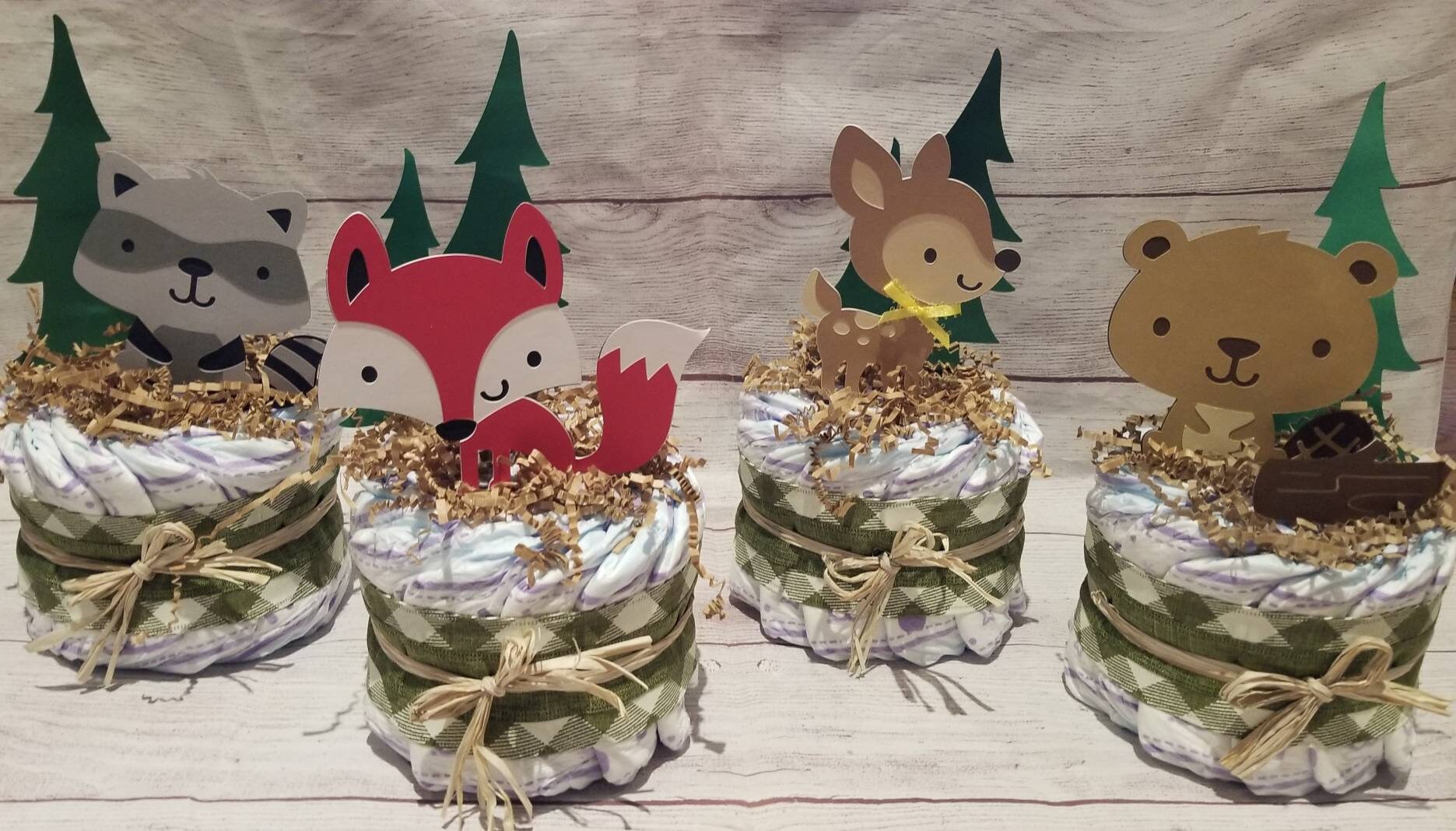 Mini Diaper Cakes Woodland Theme Woodland Theme Baby Shower Table Decorations Woodland Baby Shower Deer Fox Owl Raccoon Baby