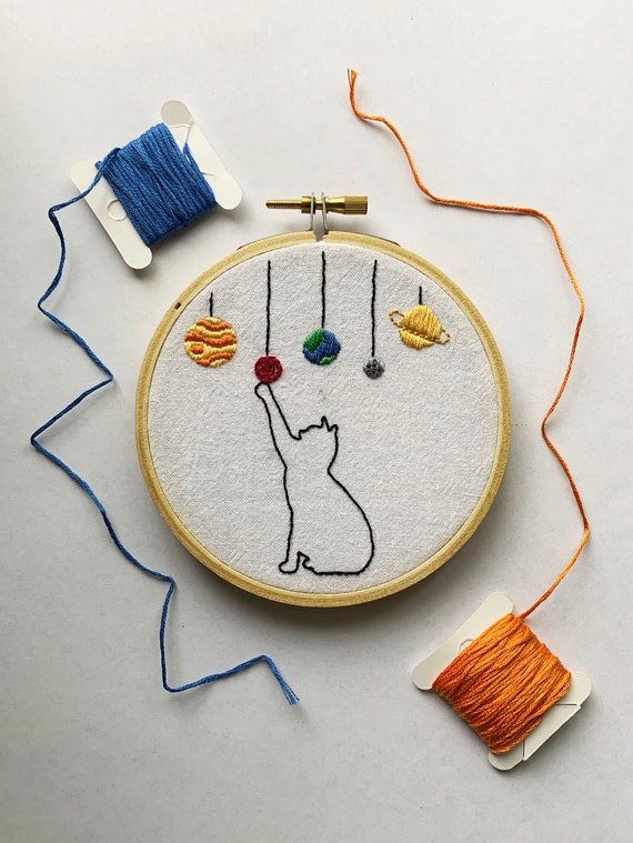EMBROIDERY KIT Cat and Planets 